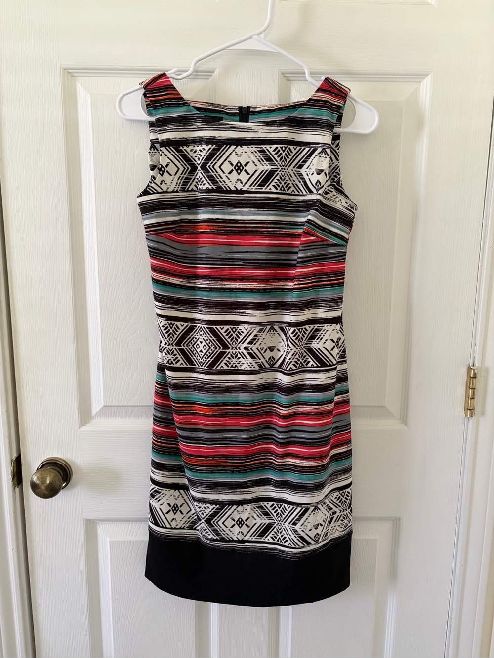 AB Studio Sleeveless Striped Print Dress in Black, Red & Teal